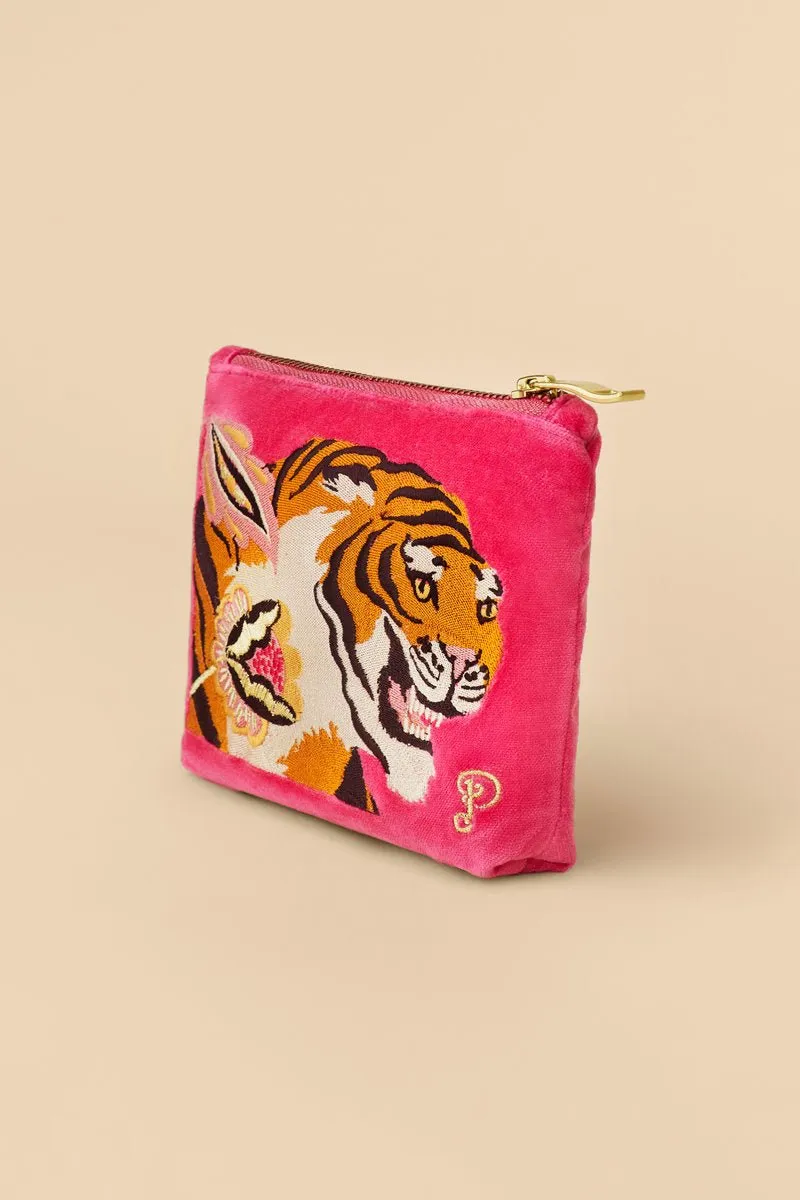 Powder Velvet Embroidered Mini Pouch - Thrill Of The Tiger