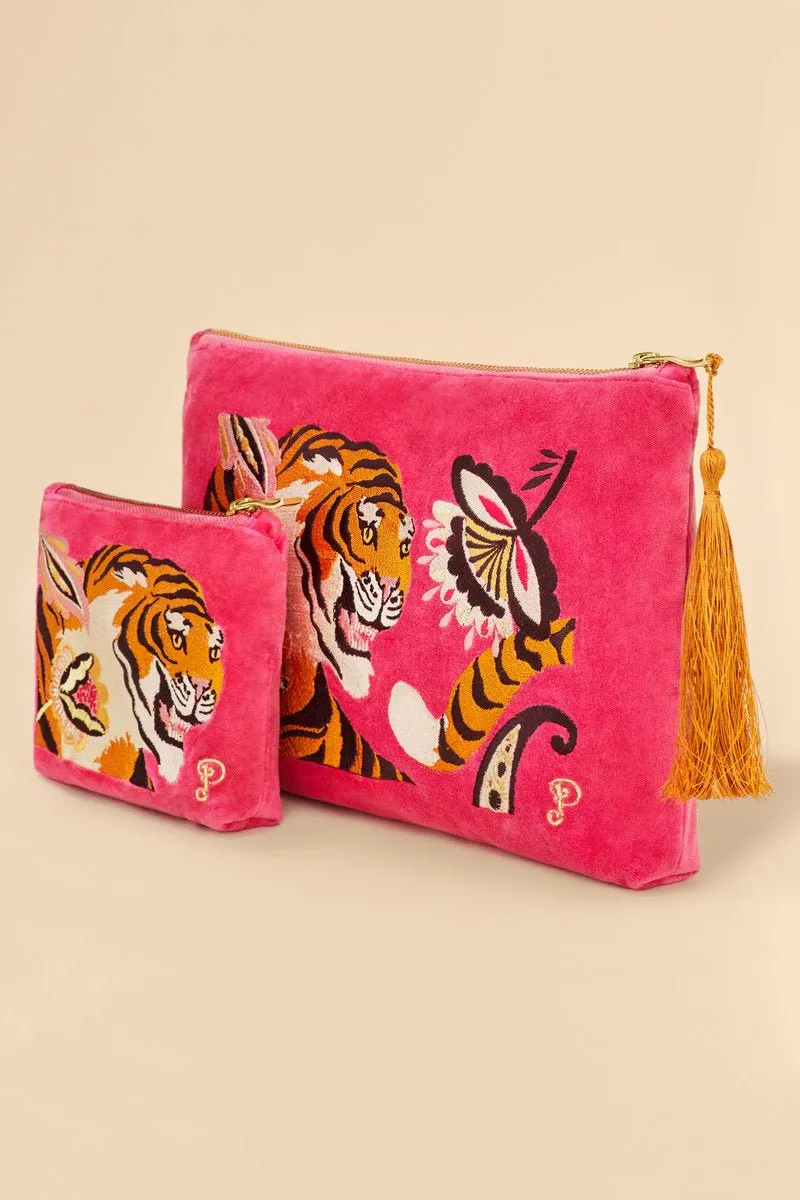 Powder Velvet Embroidered Mini Pouch - Thrill Of The Tiger