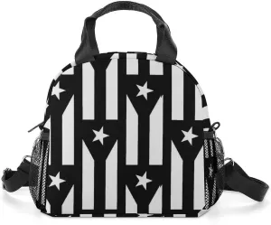 PR State Flag Black and White Portable Lunch Box Crossbody Bag Tote Insulated with Adjustable Strap Work Beach Picnic