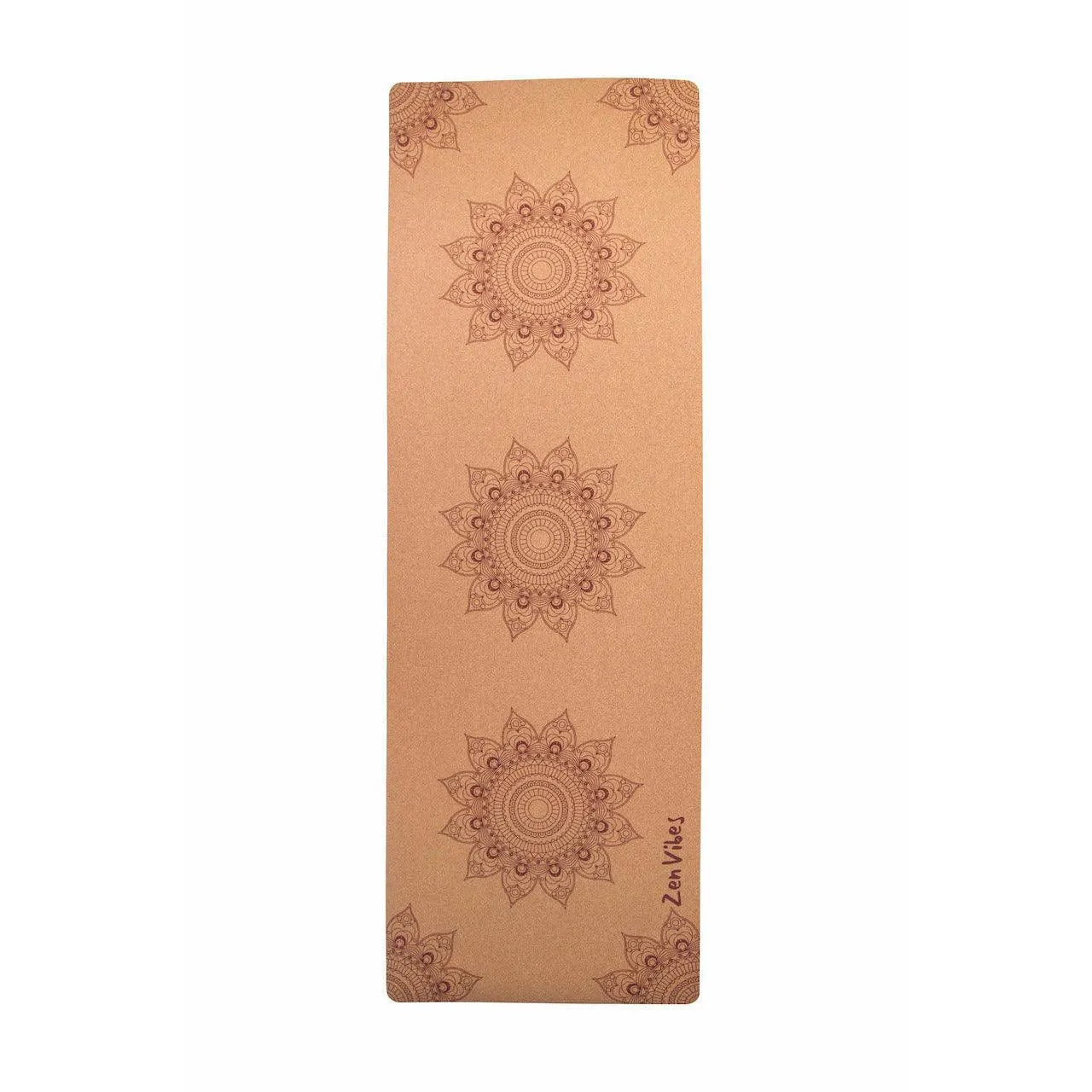 Premium Cork Yoga Mat with Rubber Back |   Decorative Floral Mandala - Brick | 5mm