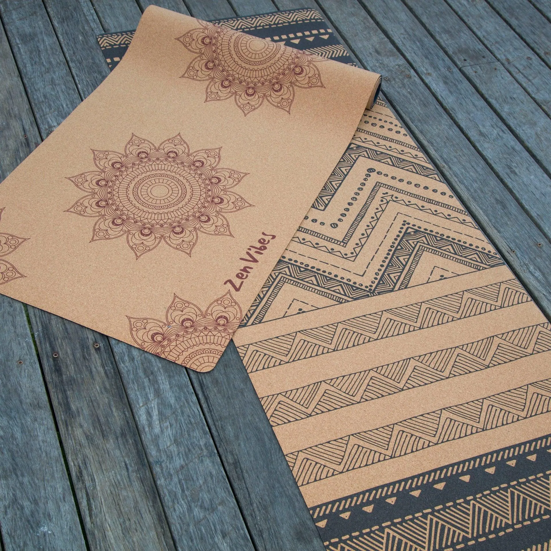 Premium Cork Yoga Mat with Rubber Back |   Decorative Floral Mandala - Brick | 5mm