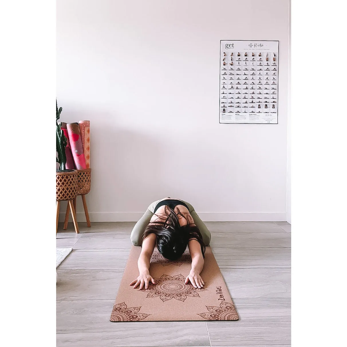 Premium Cork Yoga Mat with Rubber Back |   Decorative Floral Mandala - Brick | 5mm