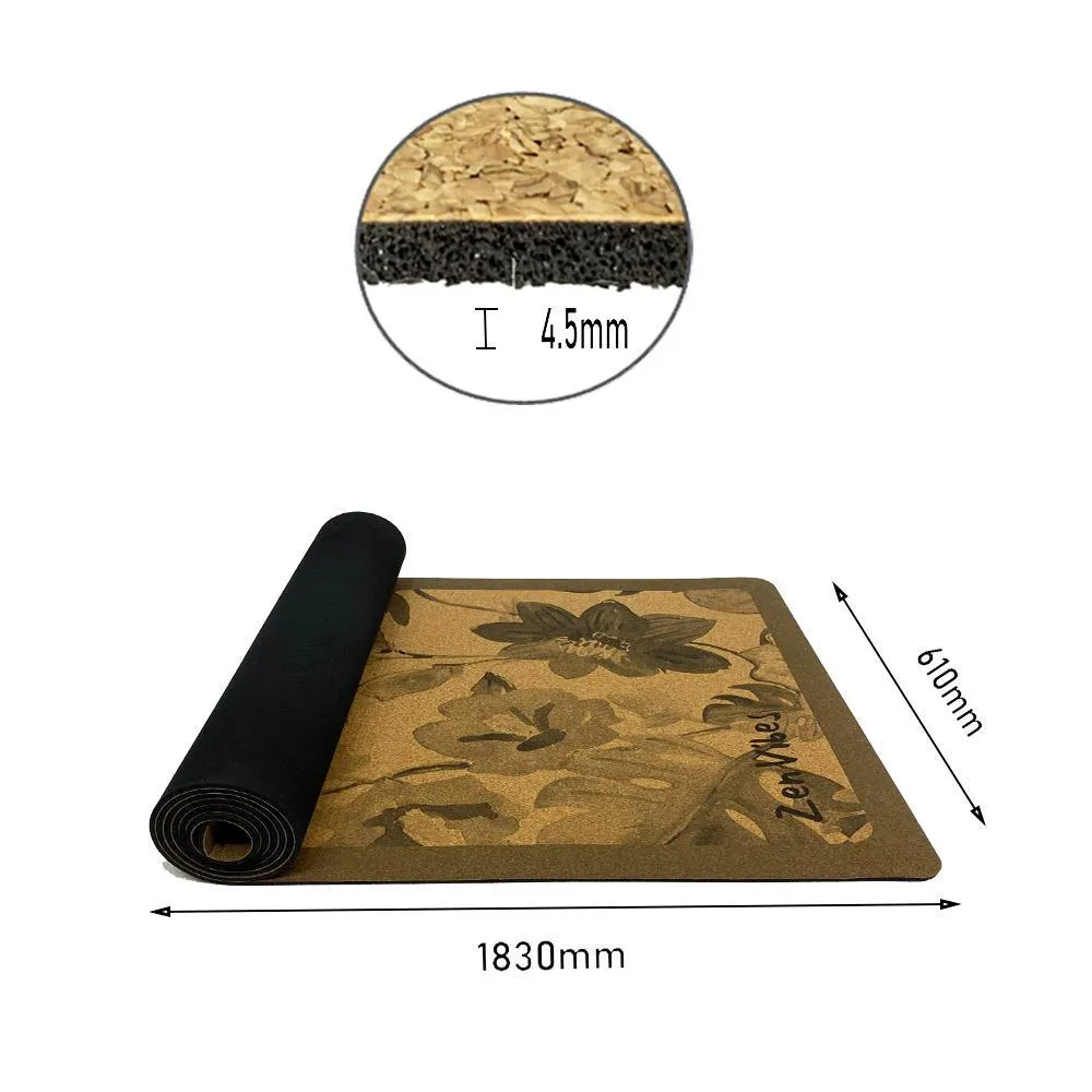 Premium Cork Yoga Mat with Rubber Back | Monochrome Botanicals | 5mm