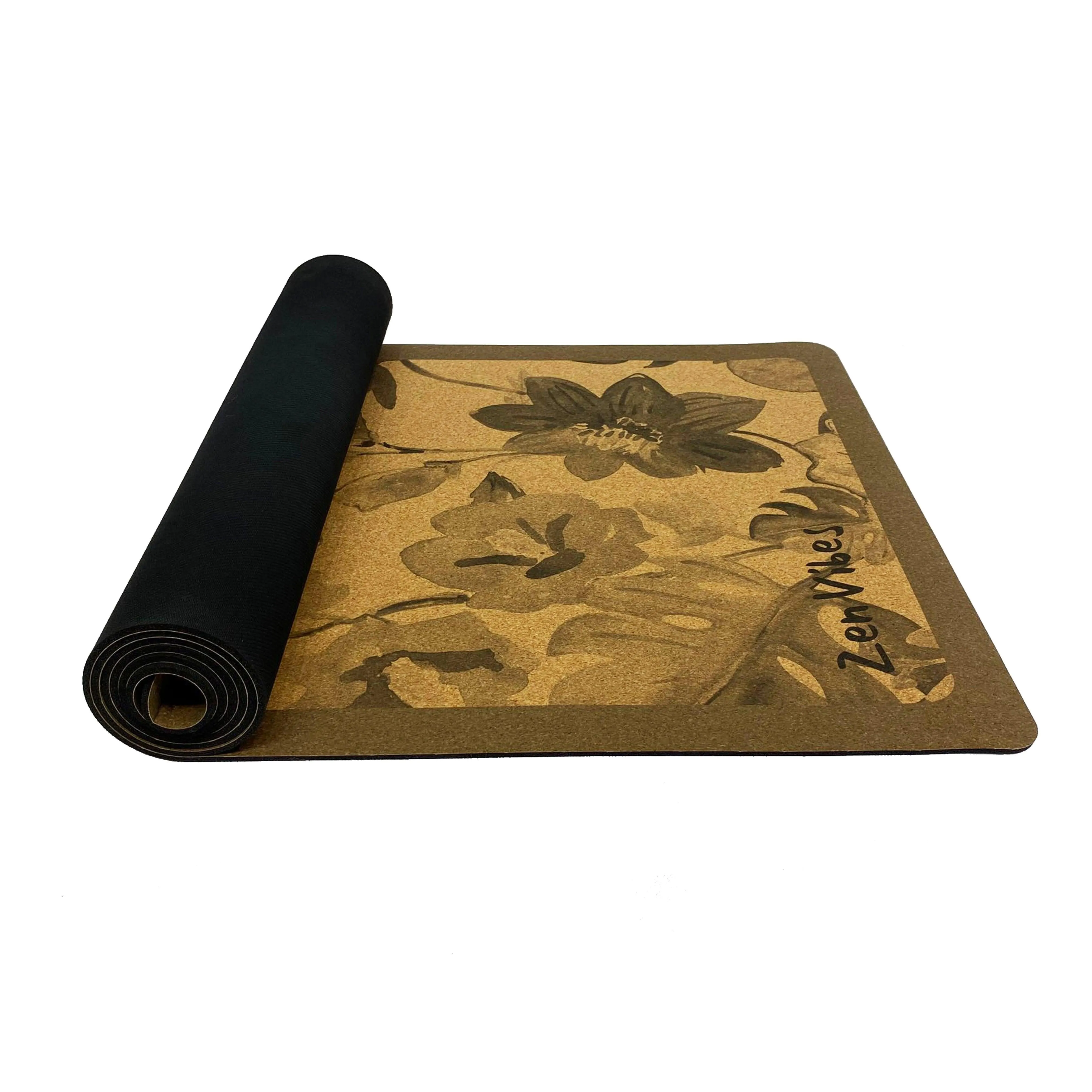 Premium Cork Yoga Mat with Rubber Back | Monochrome Botanicals | 5mm