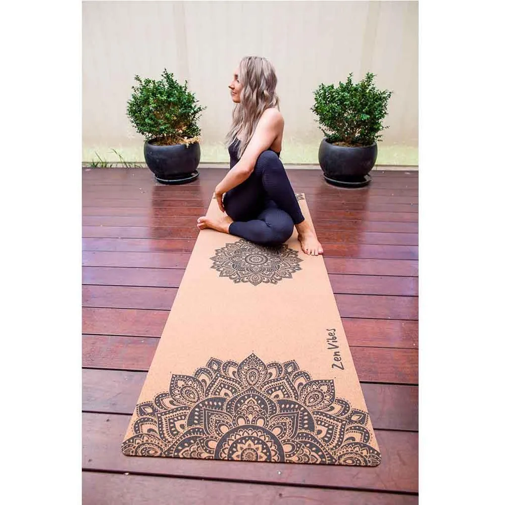 Premium Cork Yoga Mat with Rubber Back | Ornamental Treo Mandala - Black | 5mm