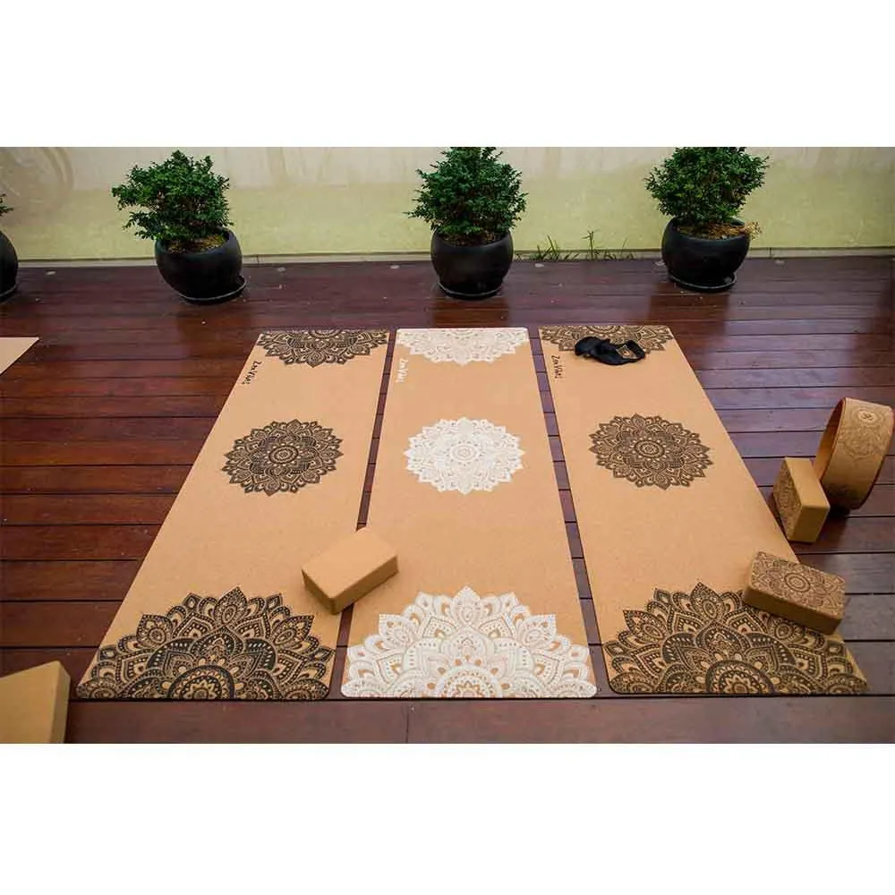 Premium Cork Yoga Mat with Rubber Back | Ornamental Treo Mandala - Black | 5mm