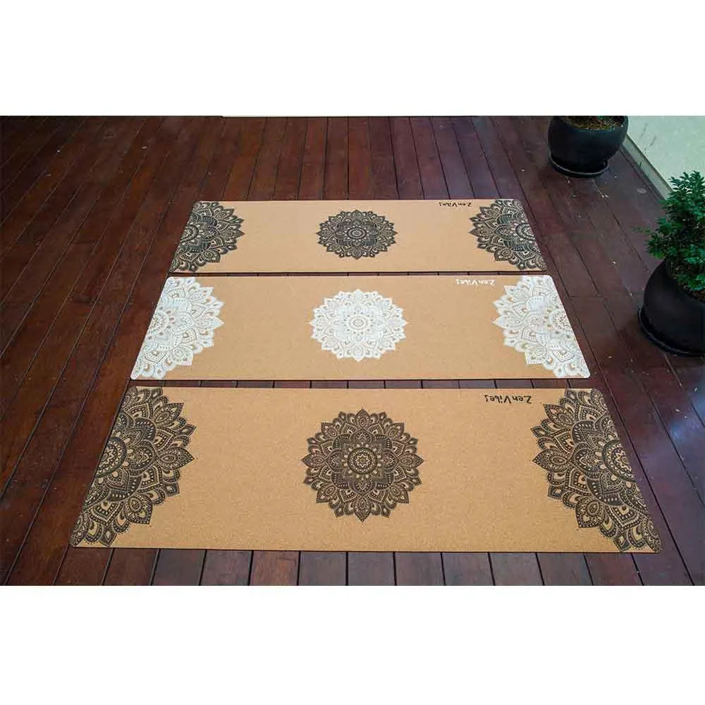 Premium Cork Yoga Mat with Rubber Back | Ornamental Treo Mandala - Black | 5mm
