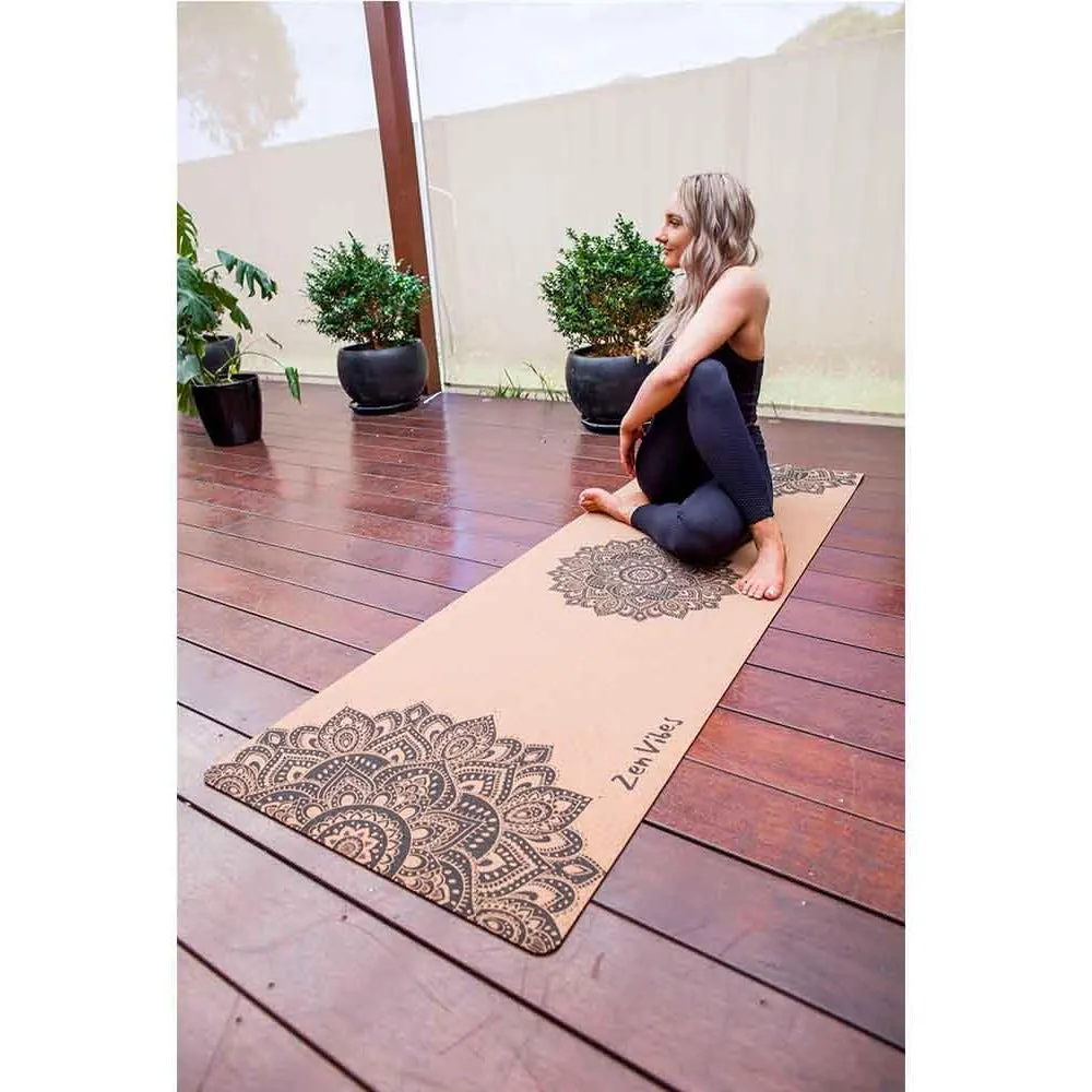 Premium Cork Yoga Mat with Rubber Back | Ornamental Treo Mandala - Black | 5mm