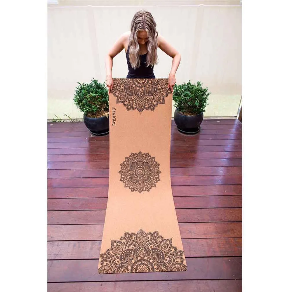 Premium Cork Yoga Mat with Rubber Back | Ornamental Treo Mandala - Black | 5mm