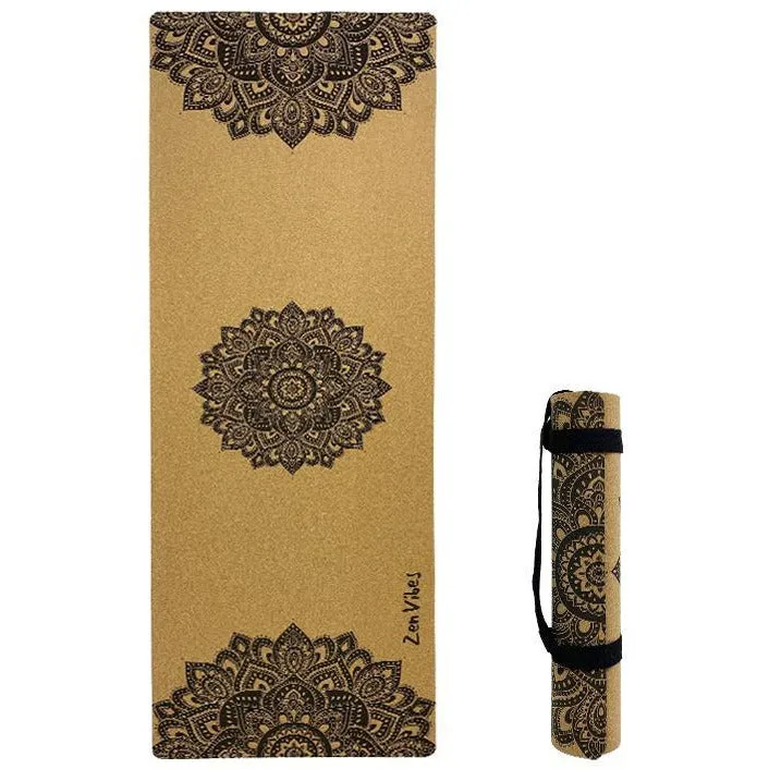 Premium Cork Yoga Mat with Rubber Back | Ornamental Treo Mandala - Black | 5mm