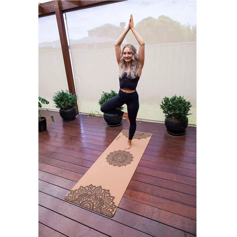 Premium Cork Yoga Mat with Rubber Back | Ornamental Treo Mandala - Black | 5mm