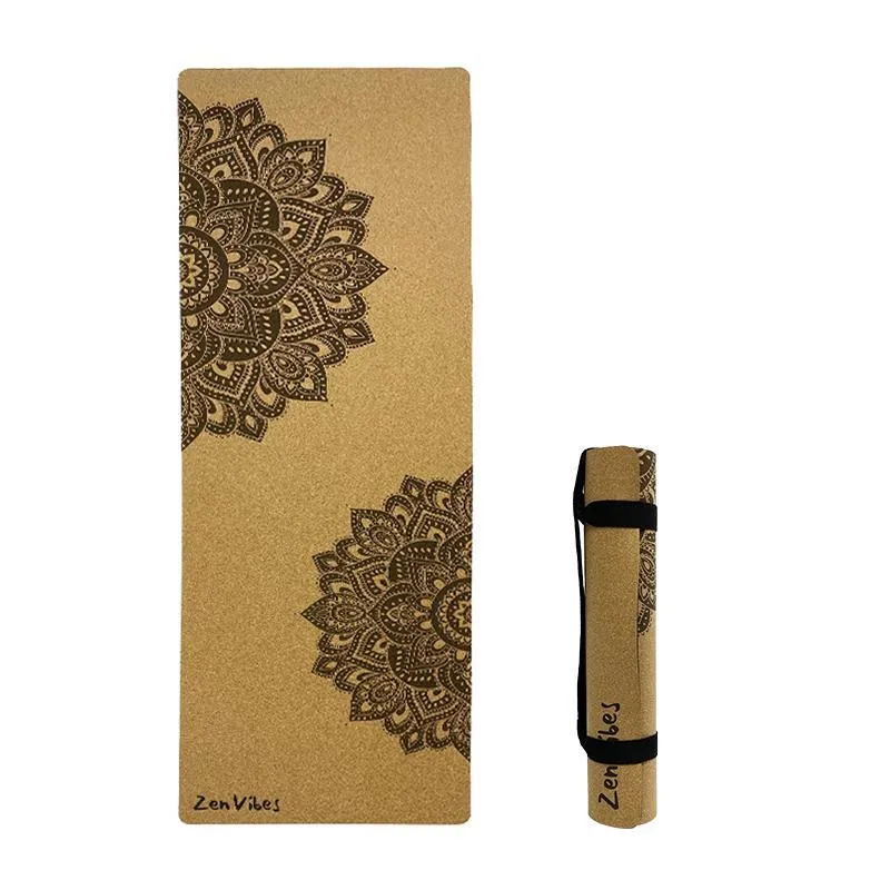 Premium Cork Yoga Mat with Rubber Back | Zen Mandala-Brown | 5mm
