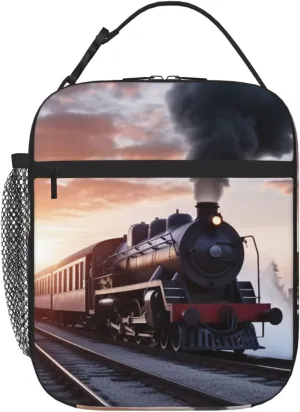 Premium Insulated Lunch Bag for Women Men Large Lunch Box Reusable Lunch Tote Bags Leakproof Cooler Lunch Containers Steam Train Depart Sunset Lunch Bags for Office, Travel, Outdoor