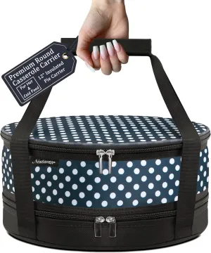Premium Insulated Round Casserole Carrier & Pie Carrier (12.5" x 6") with Heat-Resistant Mat – Collapsible Pie, Cake and Cheesecake Holder with Lid and Handle for transport [Navy Polka Dot]