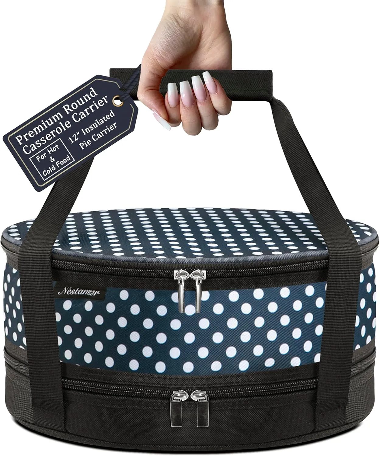 Premium Insulated Round Casserole Carrier & Pie Carrier (12.5" x 6") with Heat-Resistant Mat – Collapsible Pie, Cake and Cheesecake Holder with Lid and Handle for transport [Navy Polka Dot]