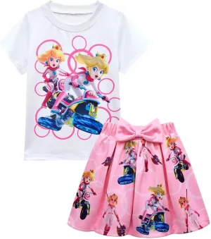 Princess Peach Cosplay Costume Girls Kids Cartoon Short Sleeve Tutu Skirt Dance Dress 2Pcs Outfit Top Tee