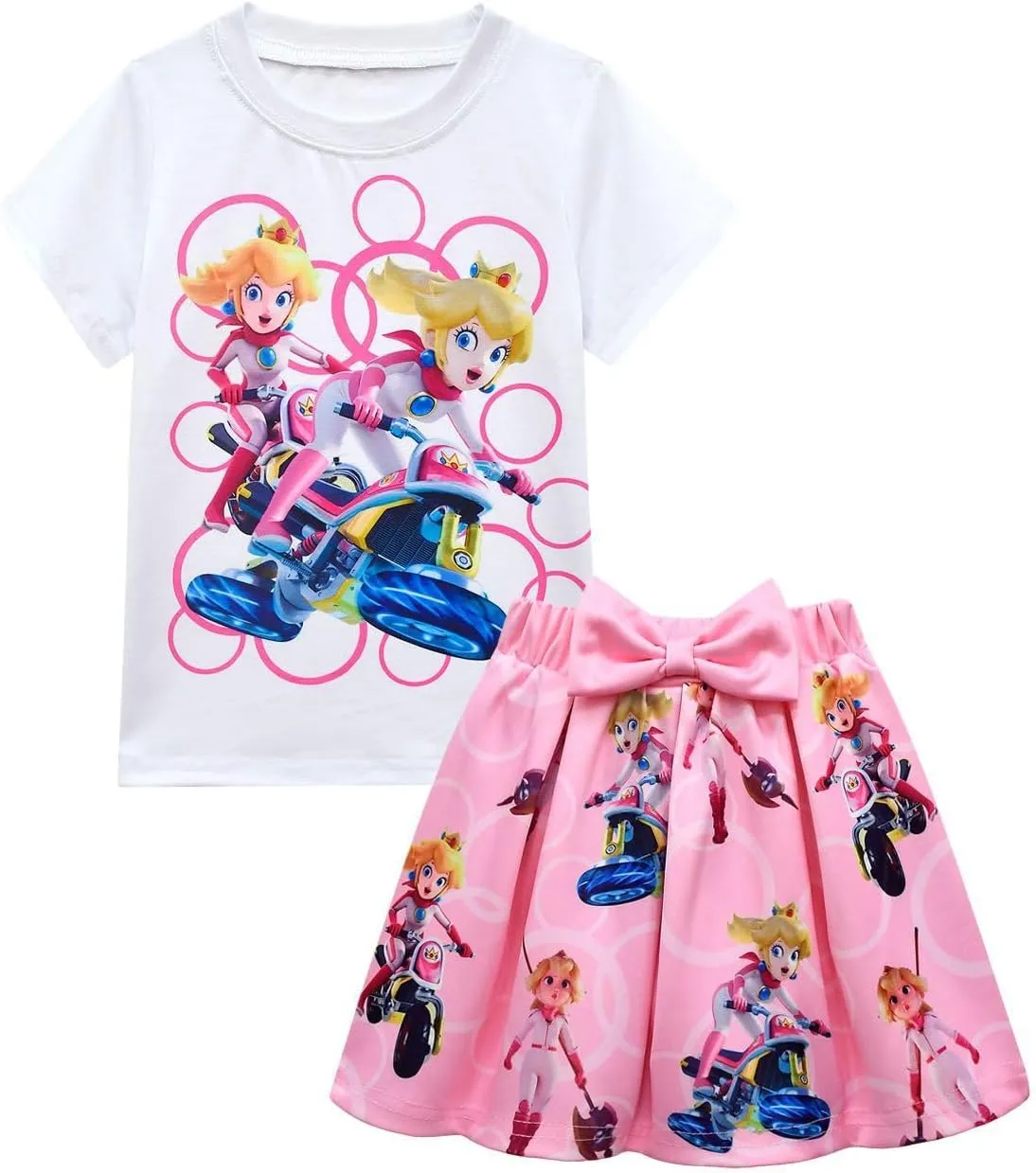 Princess Peach Cosplay Costume Girls Kids Cartoon Short Sleeve Tutu Skirt Dance Dress 2Pcs Outfit Top Tee