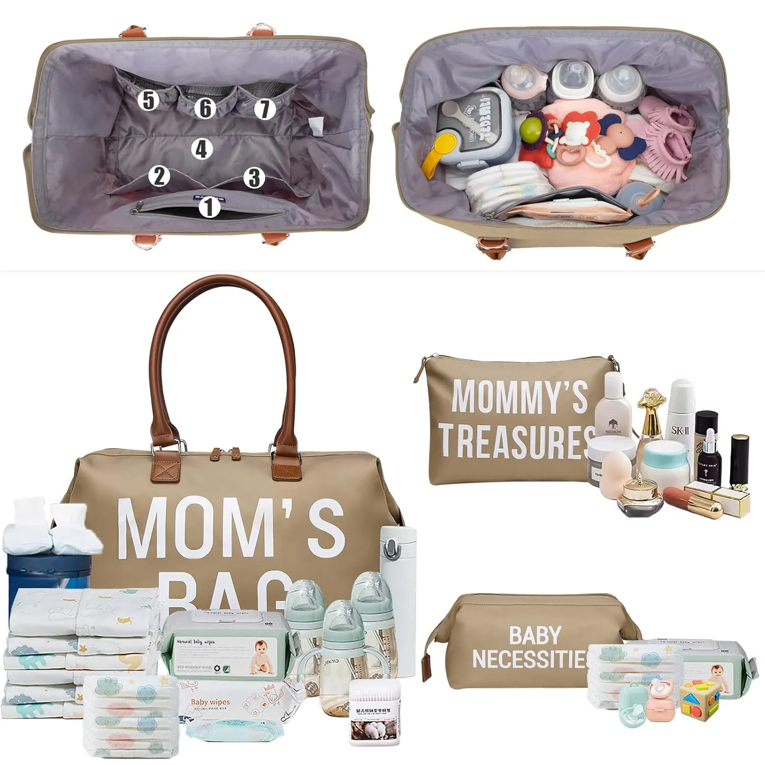 printe Mom‘s Bag, Hospital Bag for Labor and Delivery, Large Mom's Diaper Tote for Mom Travel, Waterproof Baby Handbag with 2 Organizer Pouches, Khaki