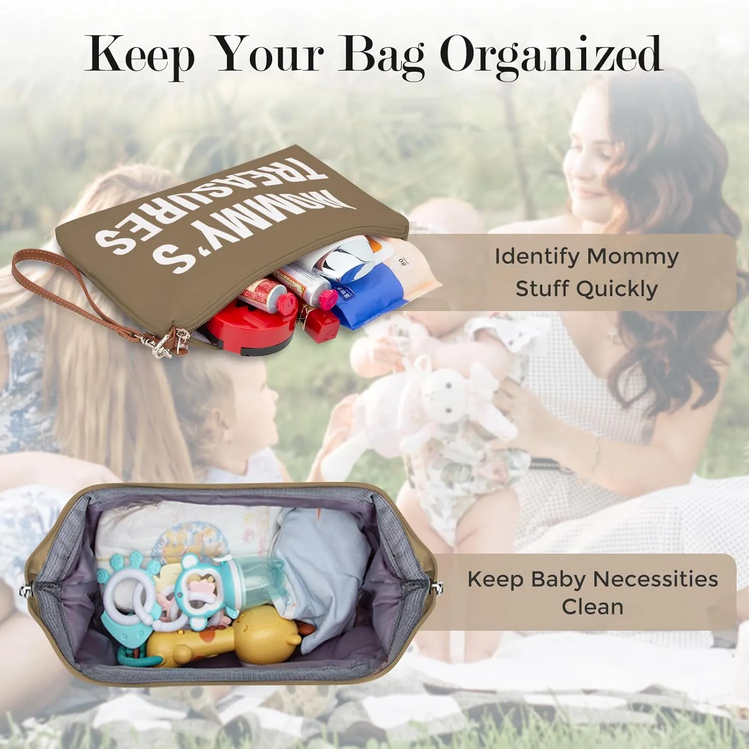 printe Mom‘s Bag, Hospital Bag for Labor and Delivery, Large Mom's Diaper Tote for Mom Travel, Waterproof Baby Handbag with 2 Organizer Pouches, Khaki