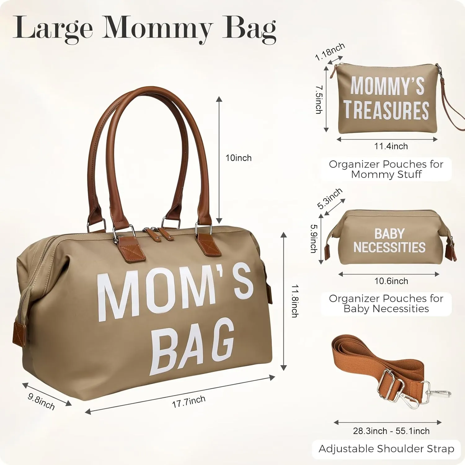 printe Mom‘s Bag, Hospital Bag for Labor and Delivery, Large Mom's Diaper Tote for Mom Travel, Waterproof Baby Handbag with 2 Organizer Pouches, Khaki