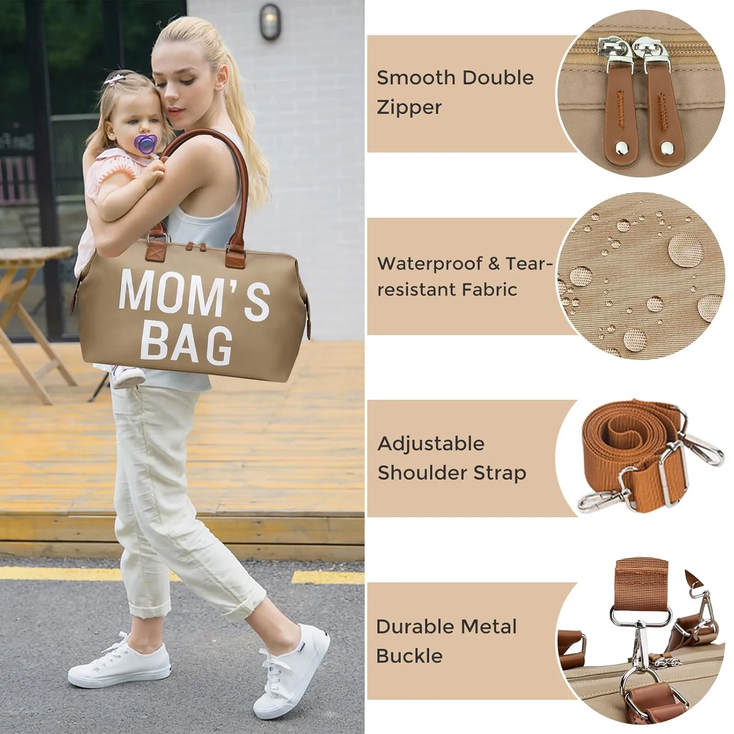 printe Mom‘s Bag, Hospital Bag for Labor and Delivery, Large Mom's Diaper Tote for Mom Travel, Waterproof Baby Handbag with 2 Organizer Pouches, Khaki