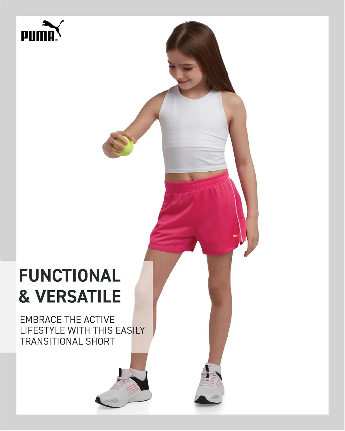 PUMA Girls' Active Shorts - Athletic Performance Double Mesh Running Shorts - Dolphin Gym Shorts for Girls (Sizes: 4-16)