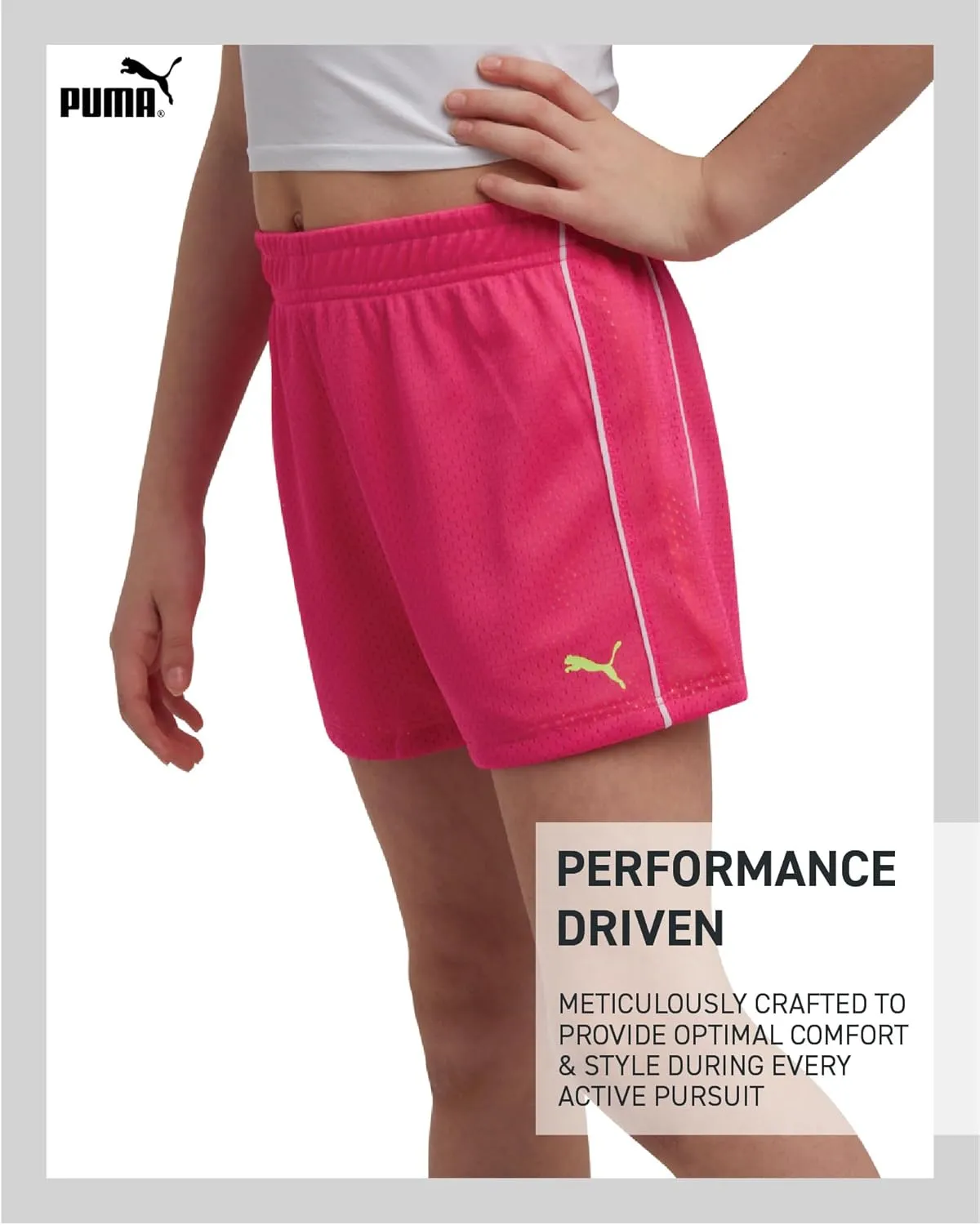 PUMA Girls' Active Shorts - Athletic Performance Double Mesh Running Shorts - Dolphin Gym Shorts for Girls (Sizes: 4-16)