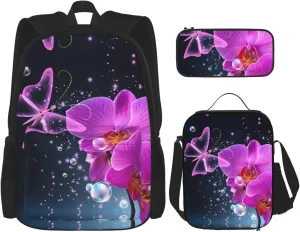 Purple Butterfly And Flower Print Versatile Adjustable Shoulder Fashion Backpack Lunch Bag Pencil Case Large Capacity