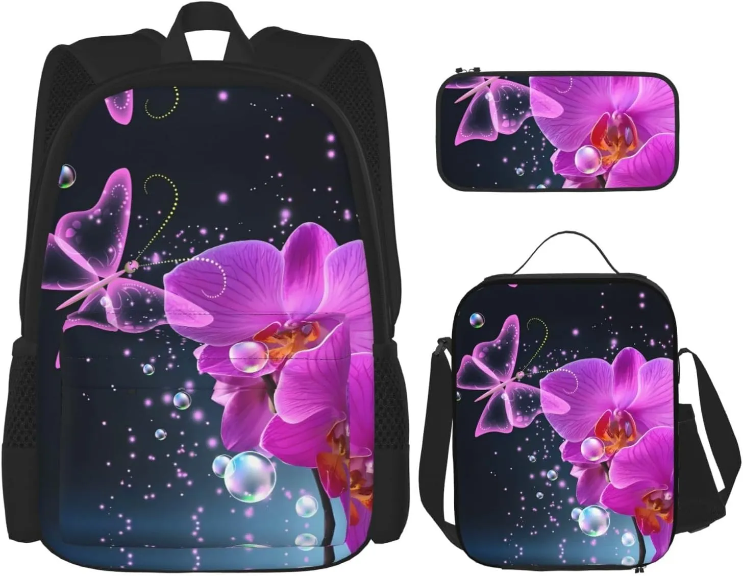 Purple Butterfly And Flower Print Versatile Adjustable Shoulder Fashion Backpack Lunch Bag Pencil Case Large Capacity