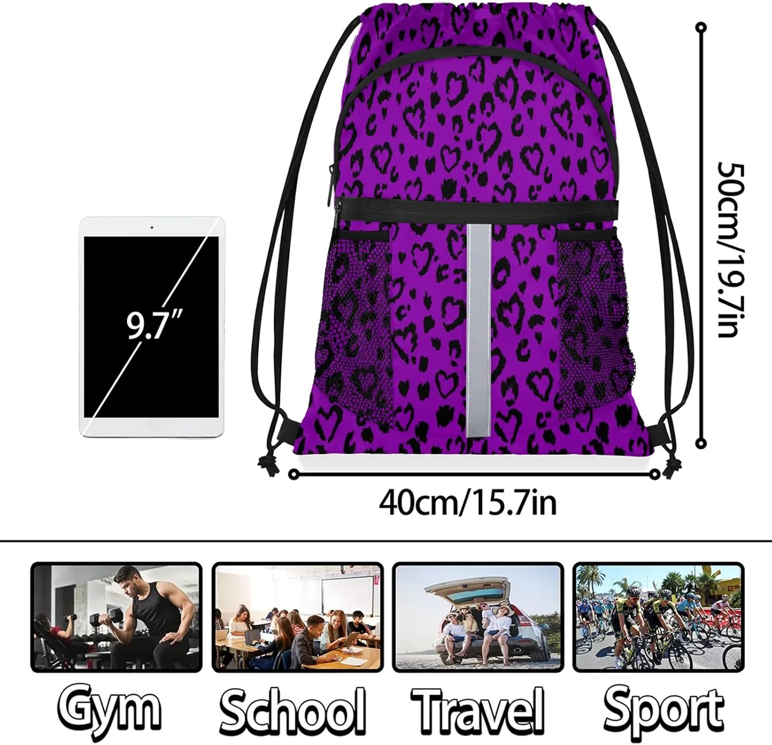 Purple Leopard Print Drawstring Backpack String Bag, Waterproof Sports Gym Swim Sackpack with Mesh Pocket for Men Women