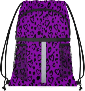 Purple Leopard Print Drawstring Backpack String Bag, Waterproof Sports Gym Swim Sackpack with Mesh Pocket for Men Women
