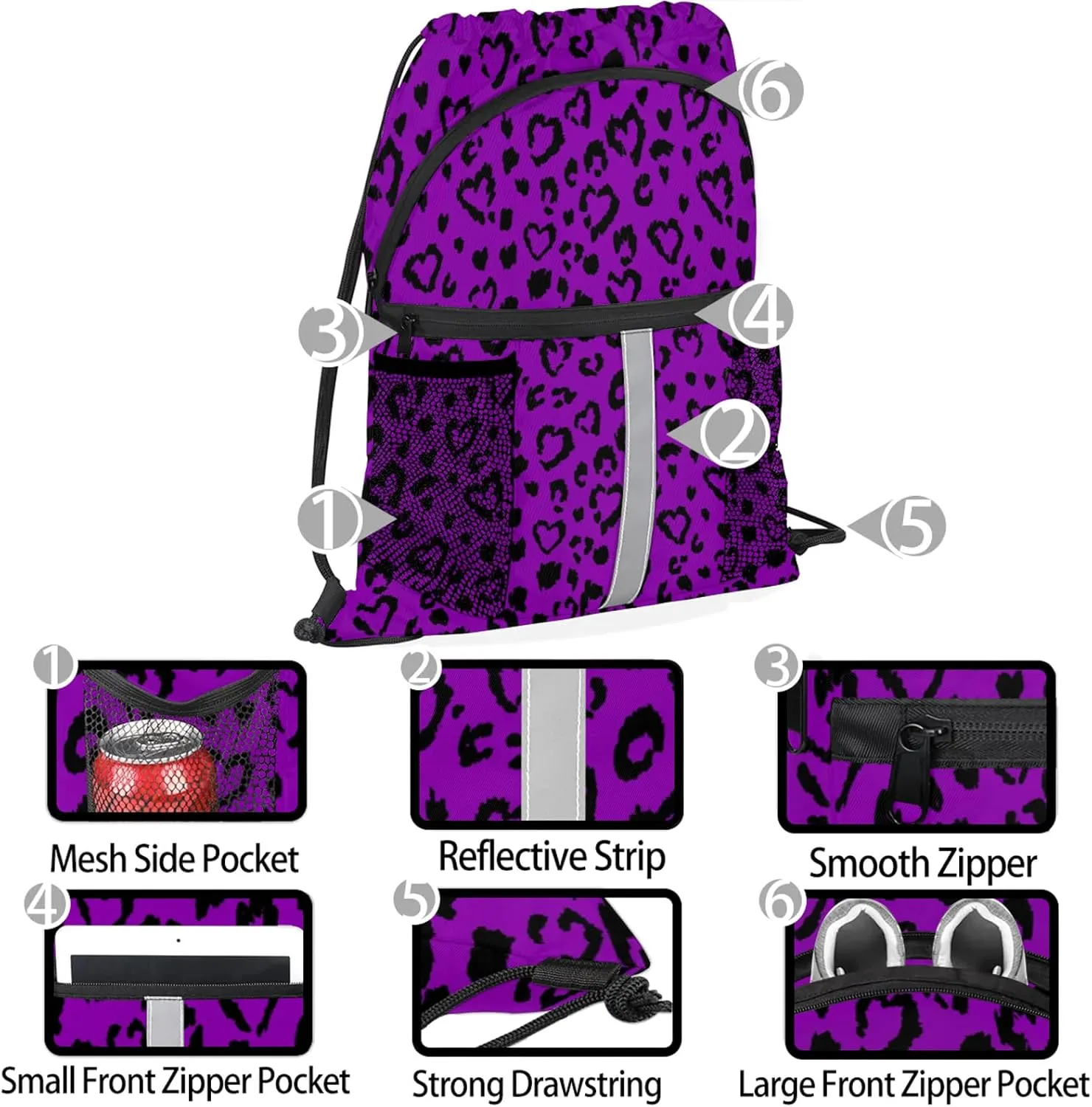 Purple Leopard Print Drawstring Backpack String Bag, Waterproof Sports Gym Swim Sackpack with Mesh Pocket for Men Women