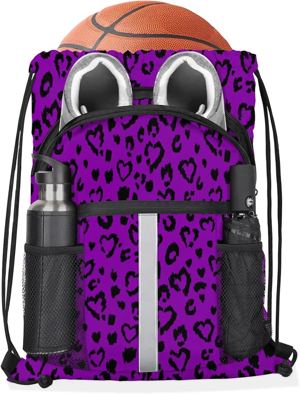 Purple Leopard Print Drawstring Backpack String Bag, Waterproof Sports Gym Swim Sackpack with Mesh Pocket for Men Women