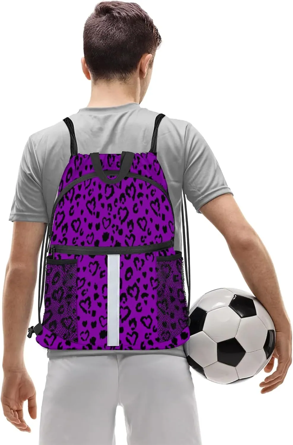 Purple Leopard Print Drawstring Backpack String Bag, Waterproof Sports Gym Swim Sackpack with Mesh Pocket for Men Women