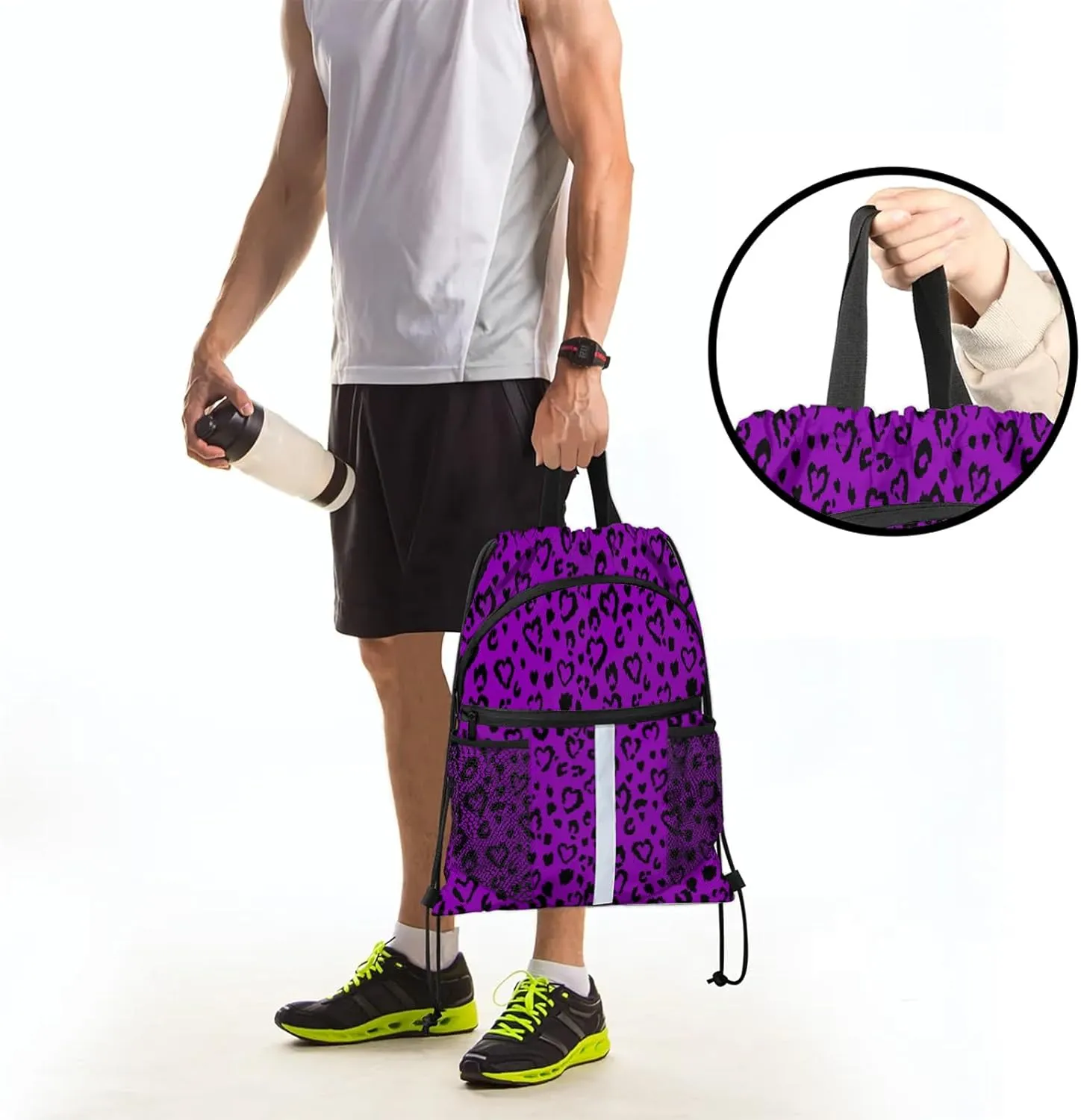 Purple Leopard Print Drawstring Backpack String Bag, Waterproof Sports Gym Swim Sackpack with Mesh Pocket for Men Women