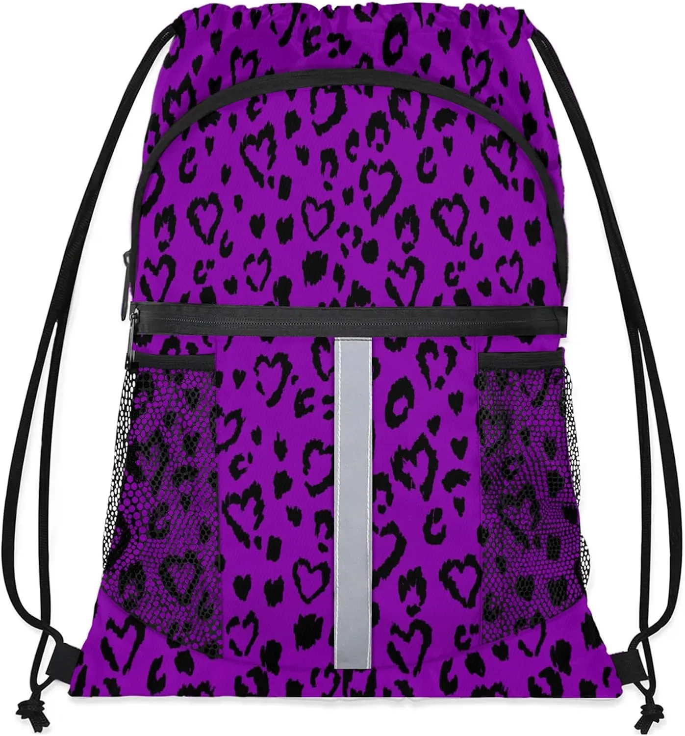 Purple Leopard Print Drawstring Backpack String Bag, Waterproof Sports Gym Swim Sackpack with Mesh Pocket for Men Women