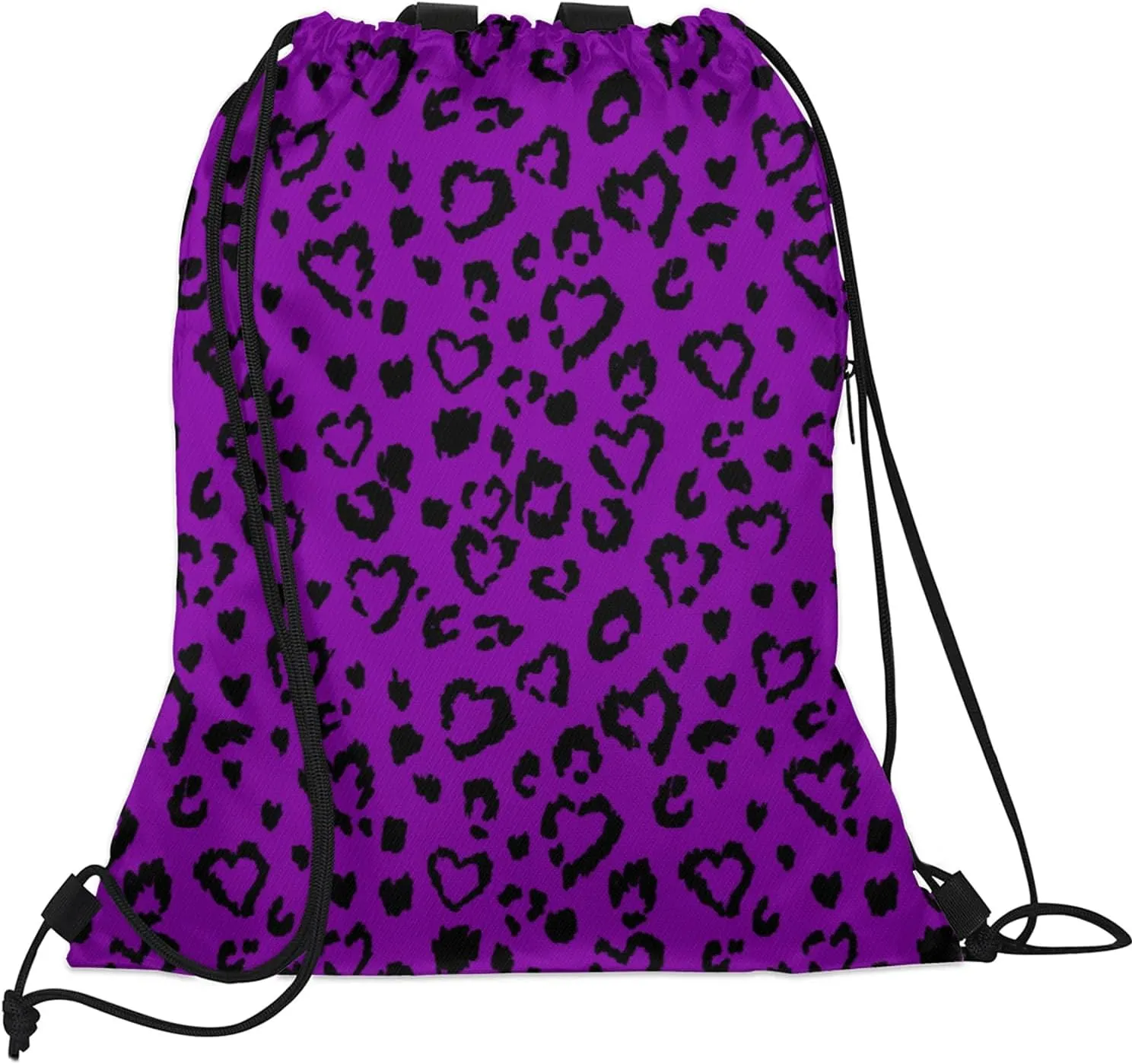 Purple Leopard Print Drawstring Backpack String Bag, Waterproof Sports Gym Swim Sackpack with Mesh Pocket for Men Women
