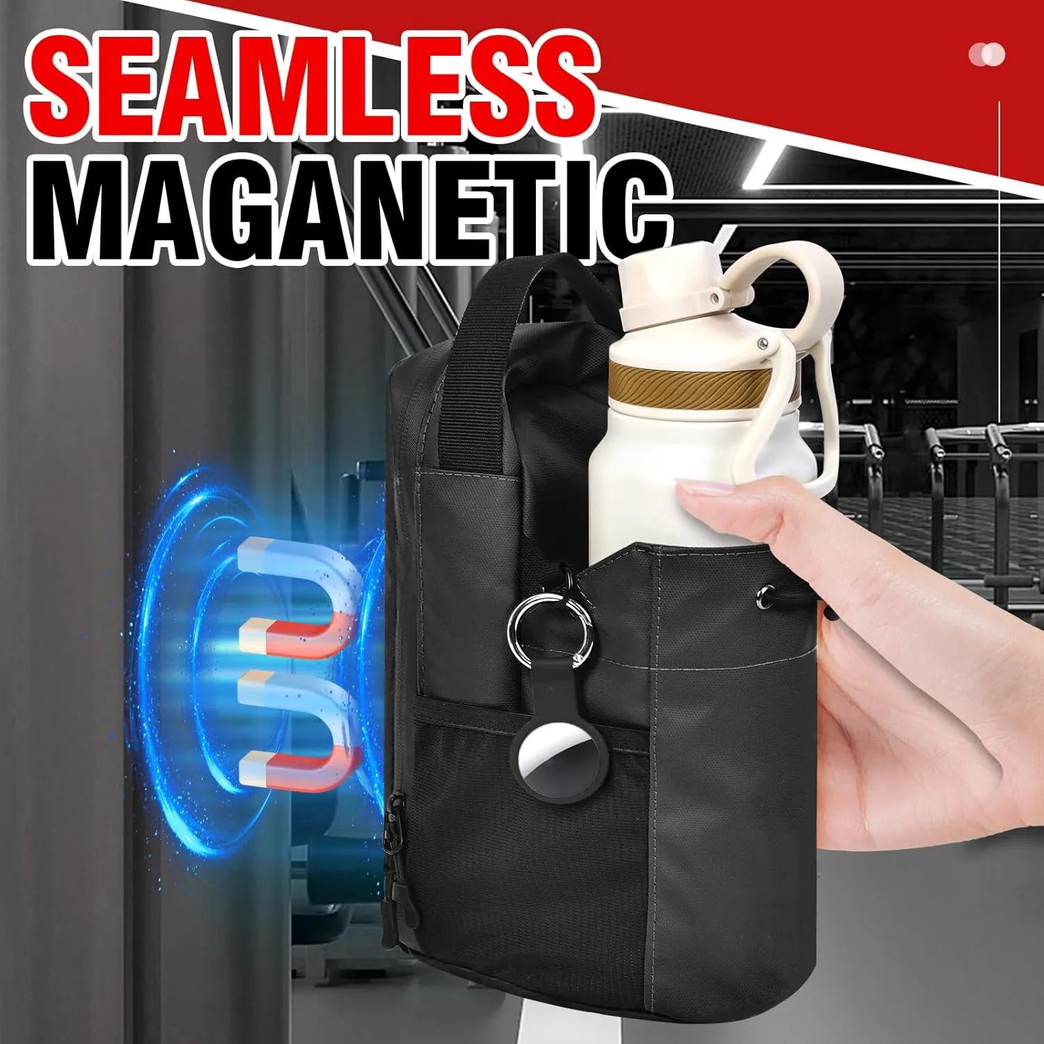 qiaofei Magnetic Gym Bag for Men & Women,Magnetic Gym Bag Organizer,18-40oz Water Bottle Holder with Multi-Pockets,Water-Resistant Travel Gym Bag with Phone Pocket, Detachable Strap – Black