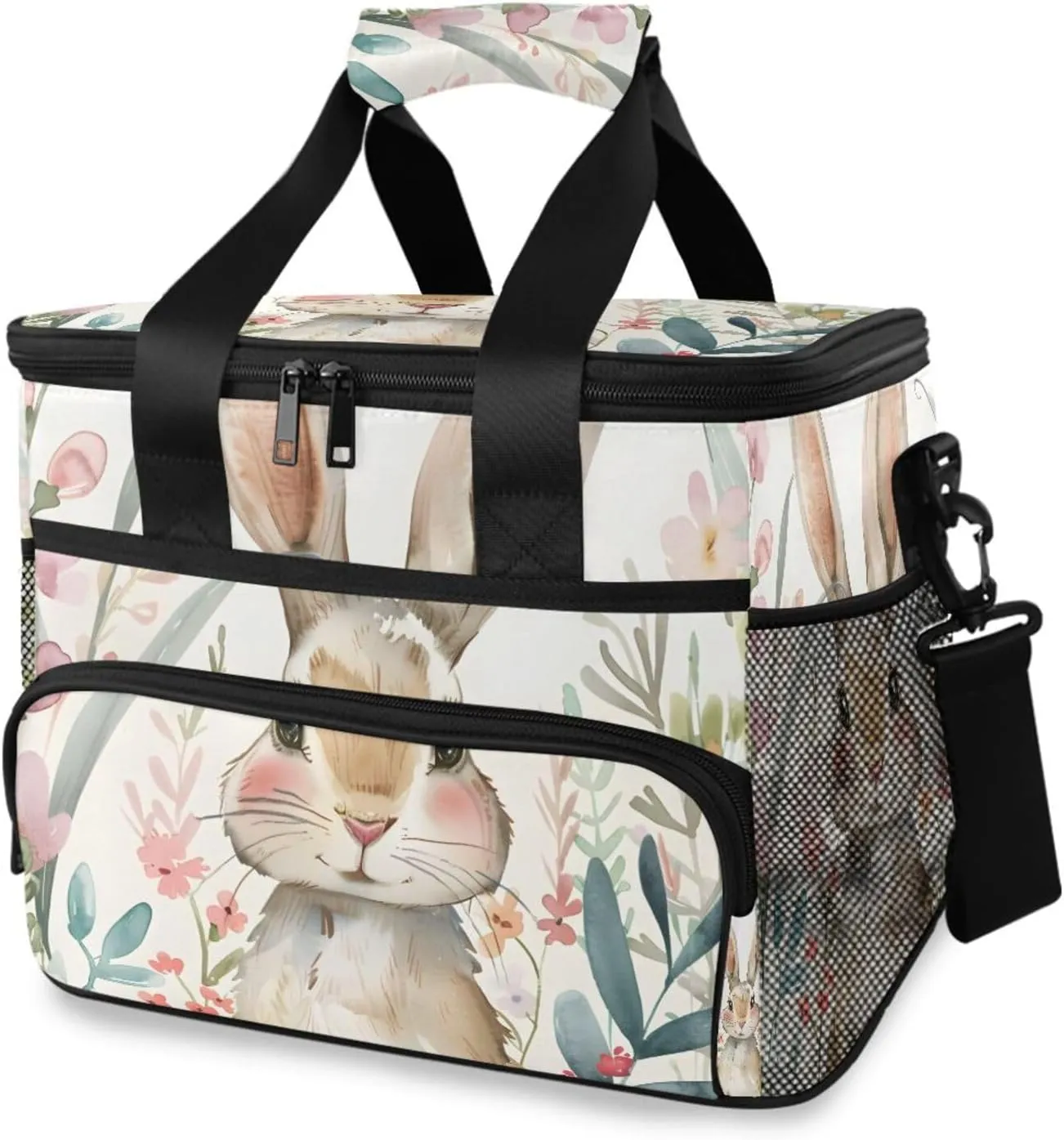 Rabbit Flower Watercolor Cooler Bag Insulated Cooler Soft Sided Cooler 24 Can Portable Picnic Bag Large Leakproof Lunch Bag Box for Beach Grocery Camping Travel Car Men Women