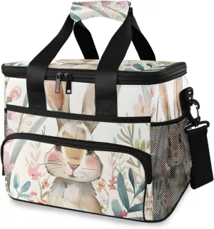 Rabbit Flower Watercolor Cooler Bag Insulated Cooler Soft Sided Cooler 24 Can Portable Picnic Bag Large Leakproof Lunch Bag Box for Beach Grocery Camping Travel Car Men Women
