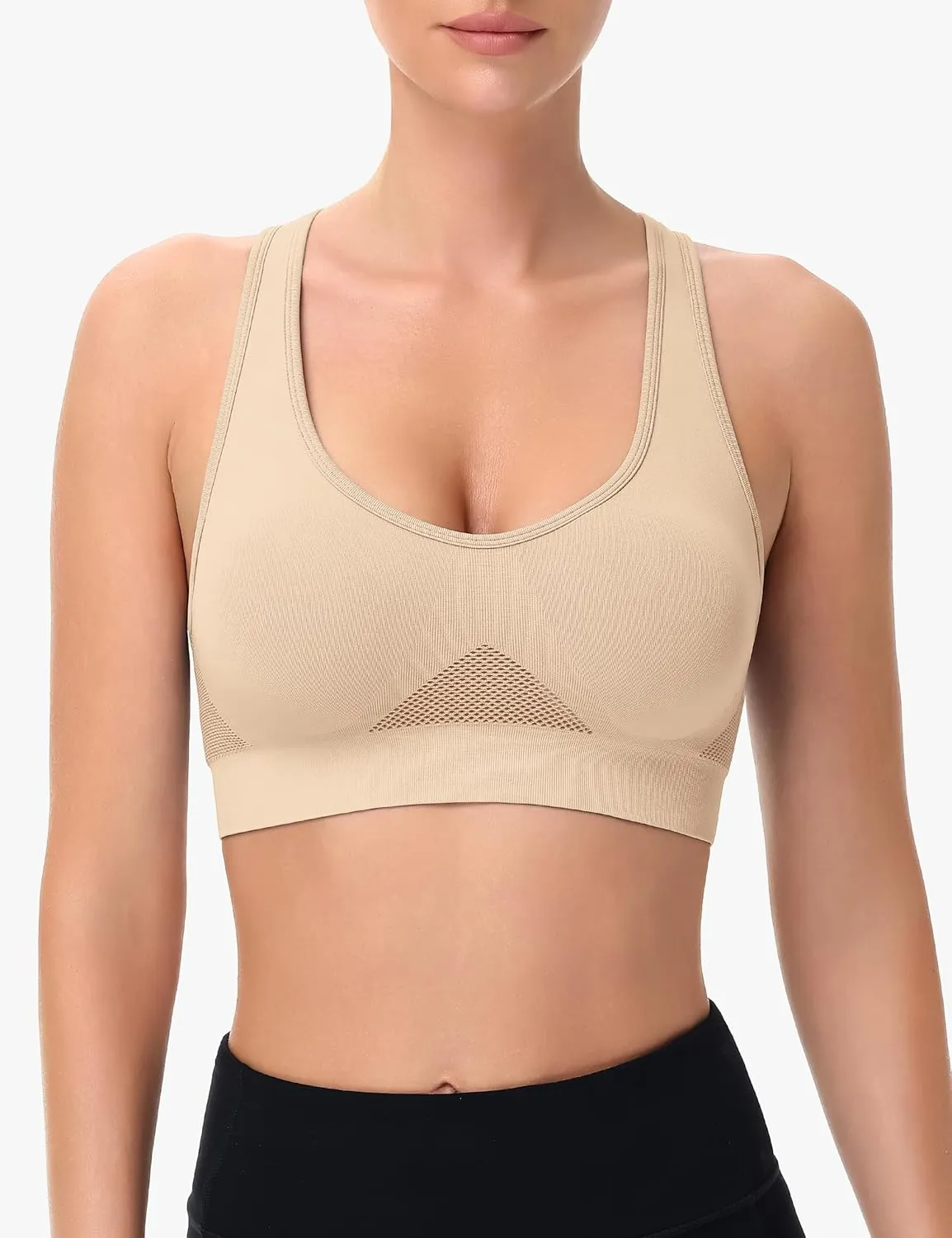 Racerback Sports Bras for Women Comfortable Wirefree Sleep Bras Breathable Mesh Padded Low Impact Workout Bra