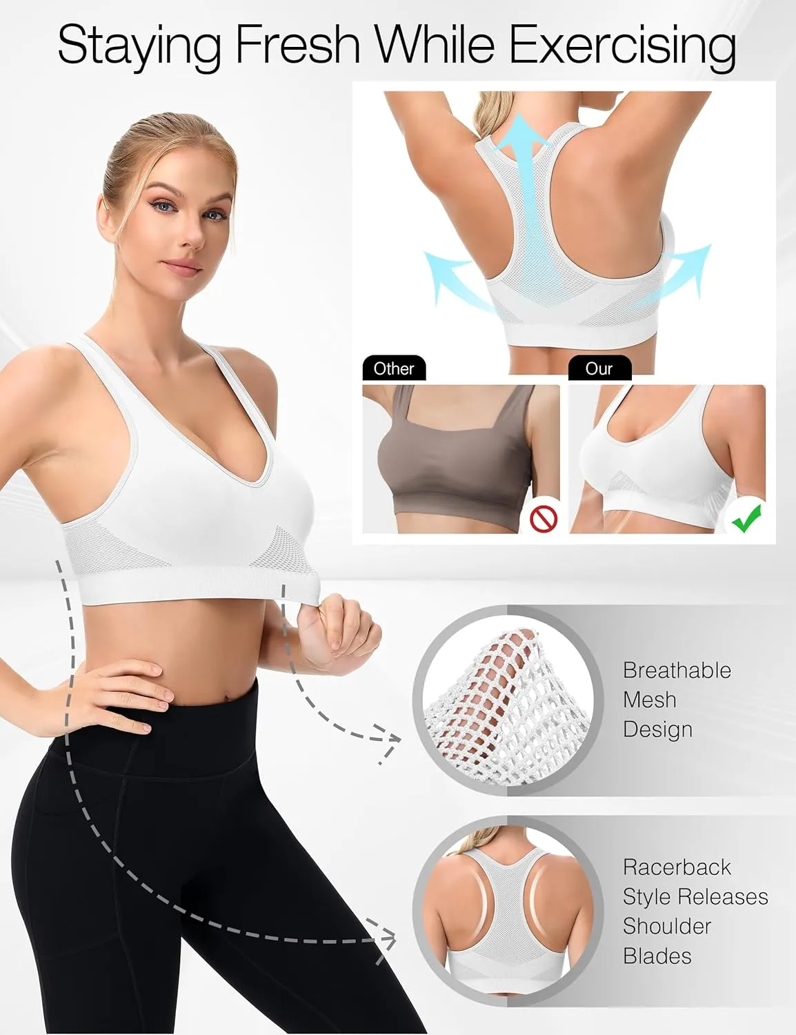 Racerback Sports Bras for Women Comfortable Wirefree Sleep Bras Breathable Mesh Padded Low Impact Workout Bra