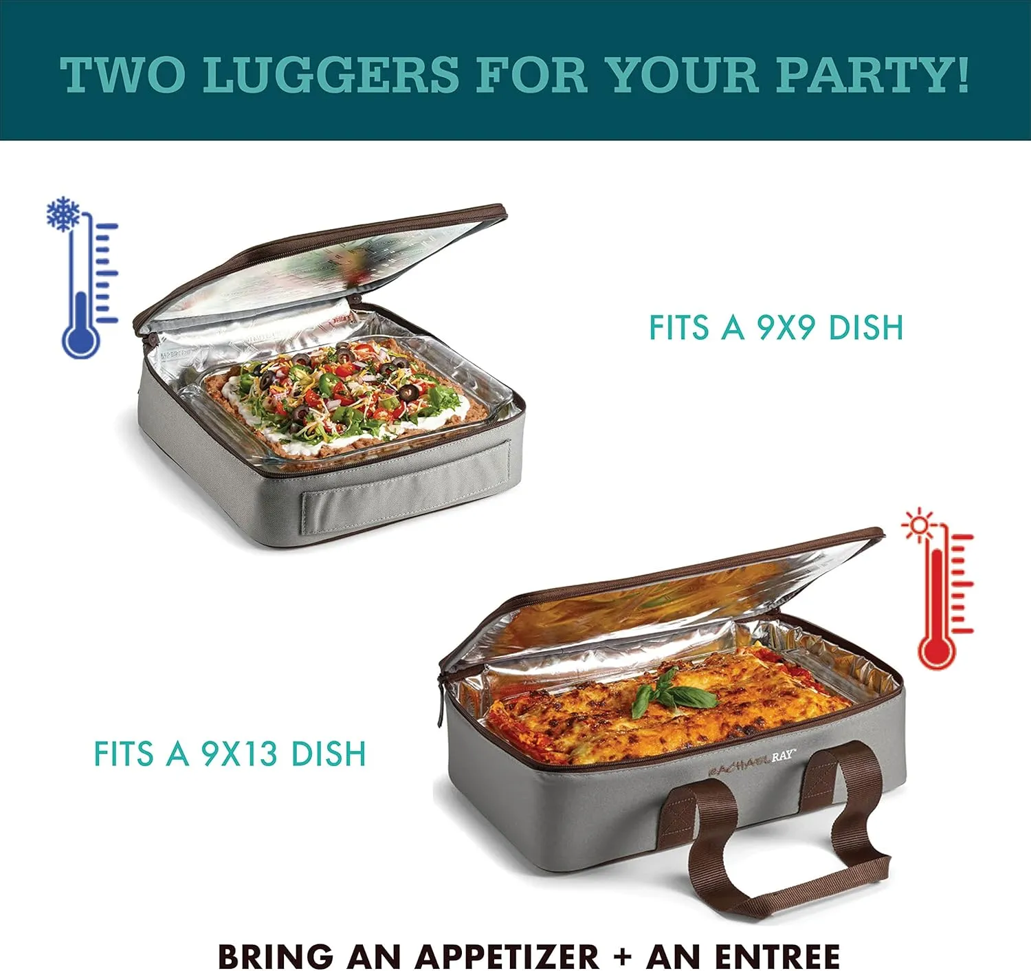 Rachael Ray Lugger Duo, Insulated Casserole Carrier for Hot or Cold Food, Thermal Lasanga Lugger Tote for Pockluck, Parties, Picnic, and Cookouts, Fits 9" x 13" Baking Dish, Blue Plaid