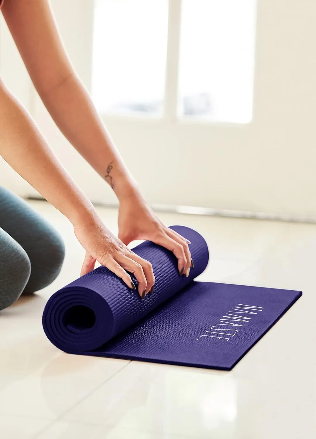 Rae Dunn Yoga Mat - High Density Foam Exercise and Fitness Mat for Workout or Stretching - Dual Sided Non Slip Cushion Grip - Portable, Travel Friendly - Use at Home, Gym, Yoga Studio, Pilates