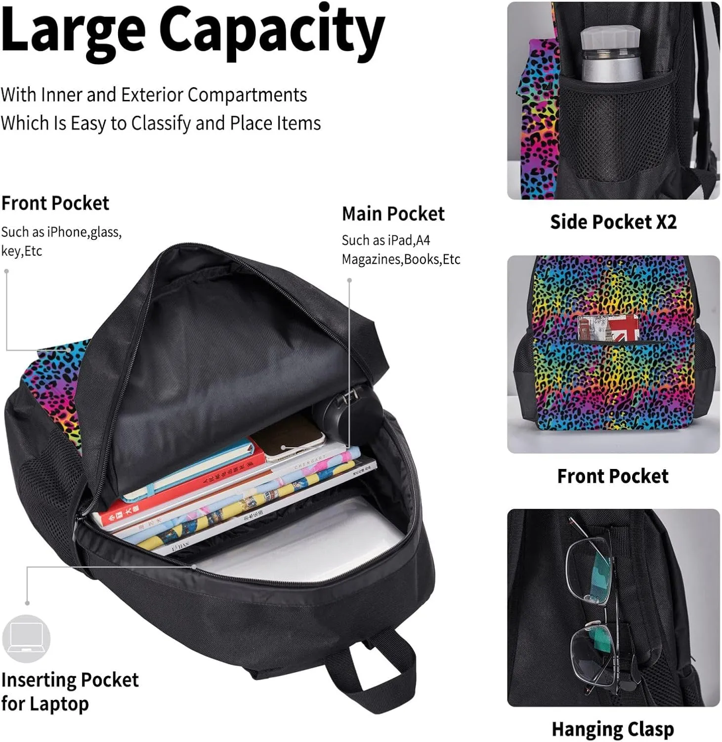 rainbow leopard colorful Multifunctional Pocket Backpack Crossbody Lunch Bag Pencil Case 3Pcs Set Large Capacity Backpack