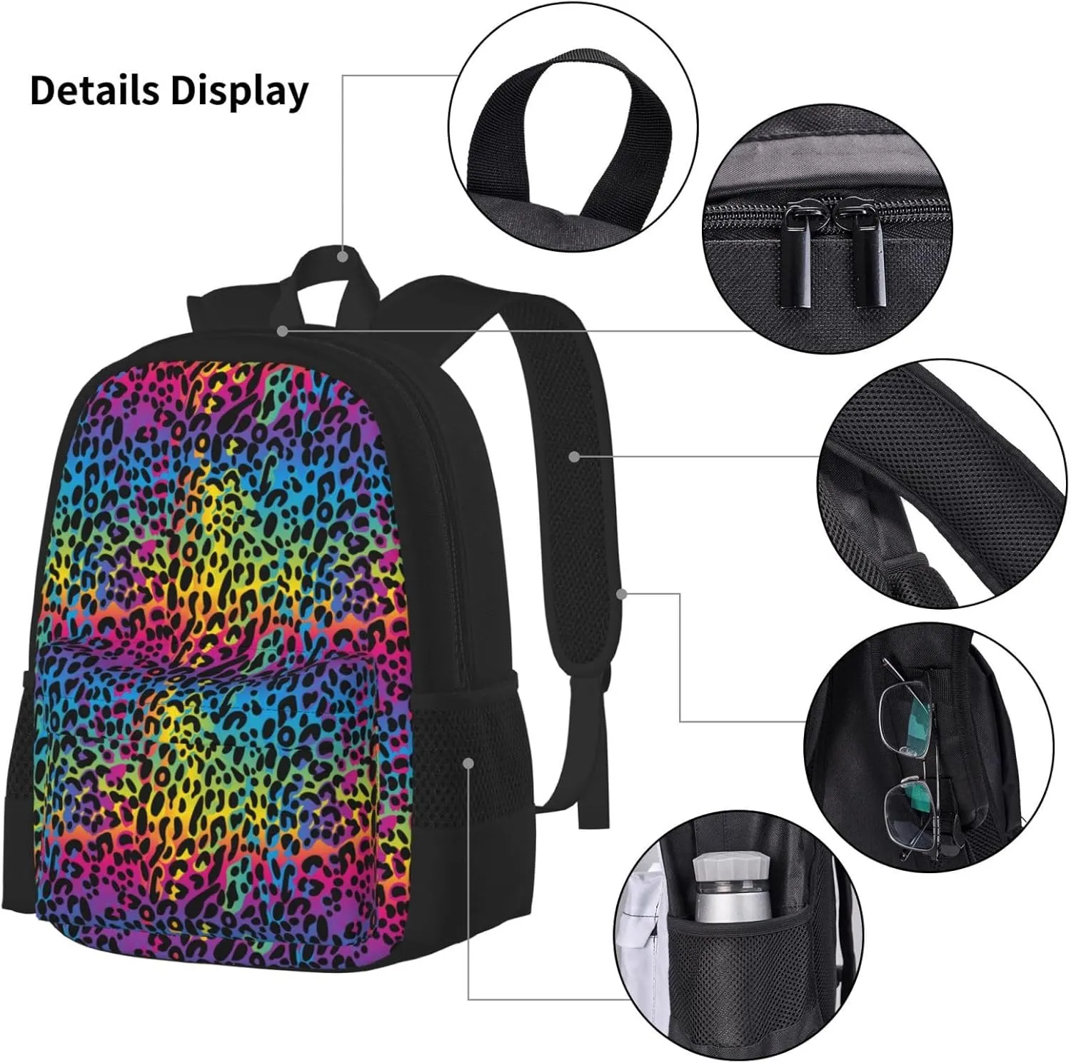 rainbow leopard colorful Multifunctional Pocket Backpack Crossbody Lunch Bag Pencil Case 3Pcs Set Large Capacity Backpack