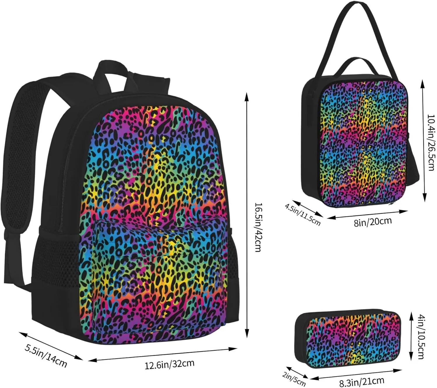 rainbow leopard colorful Multifunctional Pocket Backpack Crossbody Lunch Bag Pencil Case 3Pcs Set Large Capacity Backpack