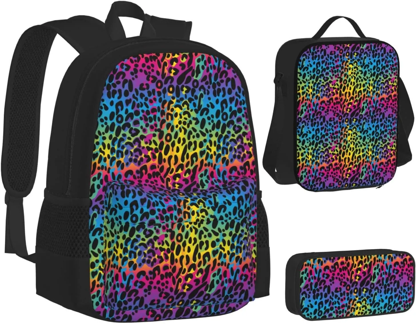 rainbow leopard colorful Multifunctional Pocket Backpack Crossbody Lunch Bag Pencil Case 3Pcs Set Large Capacity Backpack