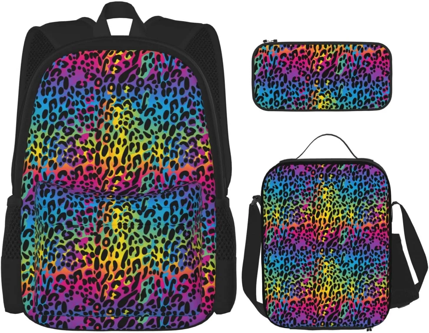 rainbow leopard colorful Multifunctional Pocket Backpack Crossbody Lunch Bag Pencil Case 3Pcs Set Large Capacity Backpack