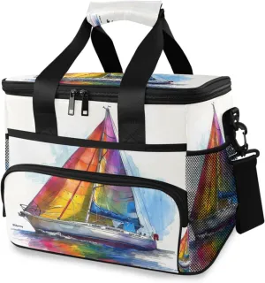 Rainbow Sailboat Watercolor Cooler Bag Insulated Cooler Soft Sided Cooler 24 Can Portable Picnic Bag Large Leakproof Lunch Bag Box for Beach Grocery Camping Travel Car Men Women